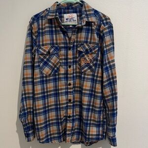 Men's Plaid Button-Down Shirt in Blue and Orange